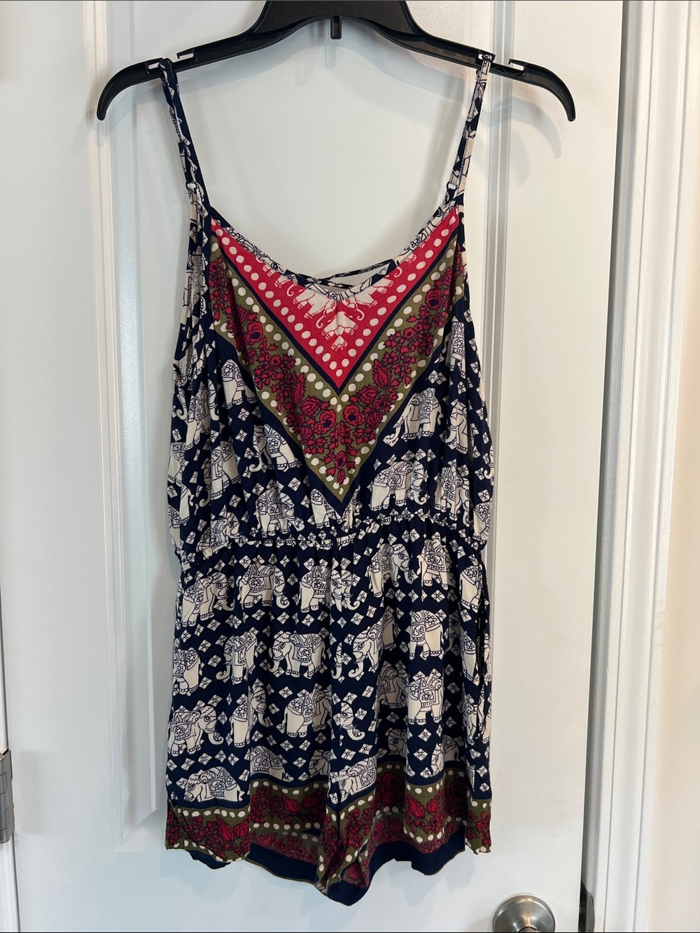 Angie Junior’s Navy and Red Elephant Print Spaghetti-Strap Romper